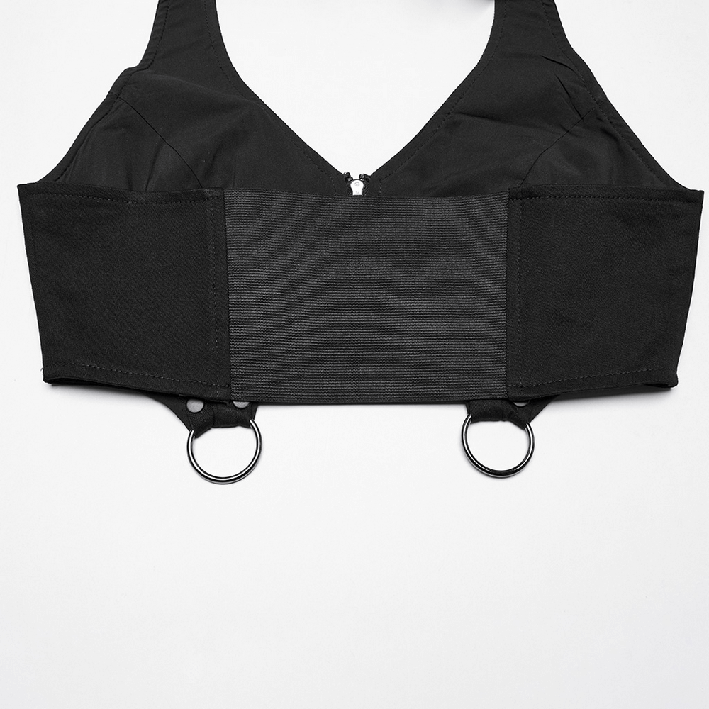 Black Twill Punk Harness Dress with Zipper and Straps