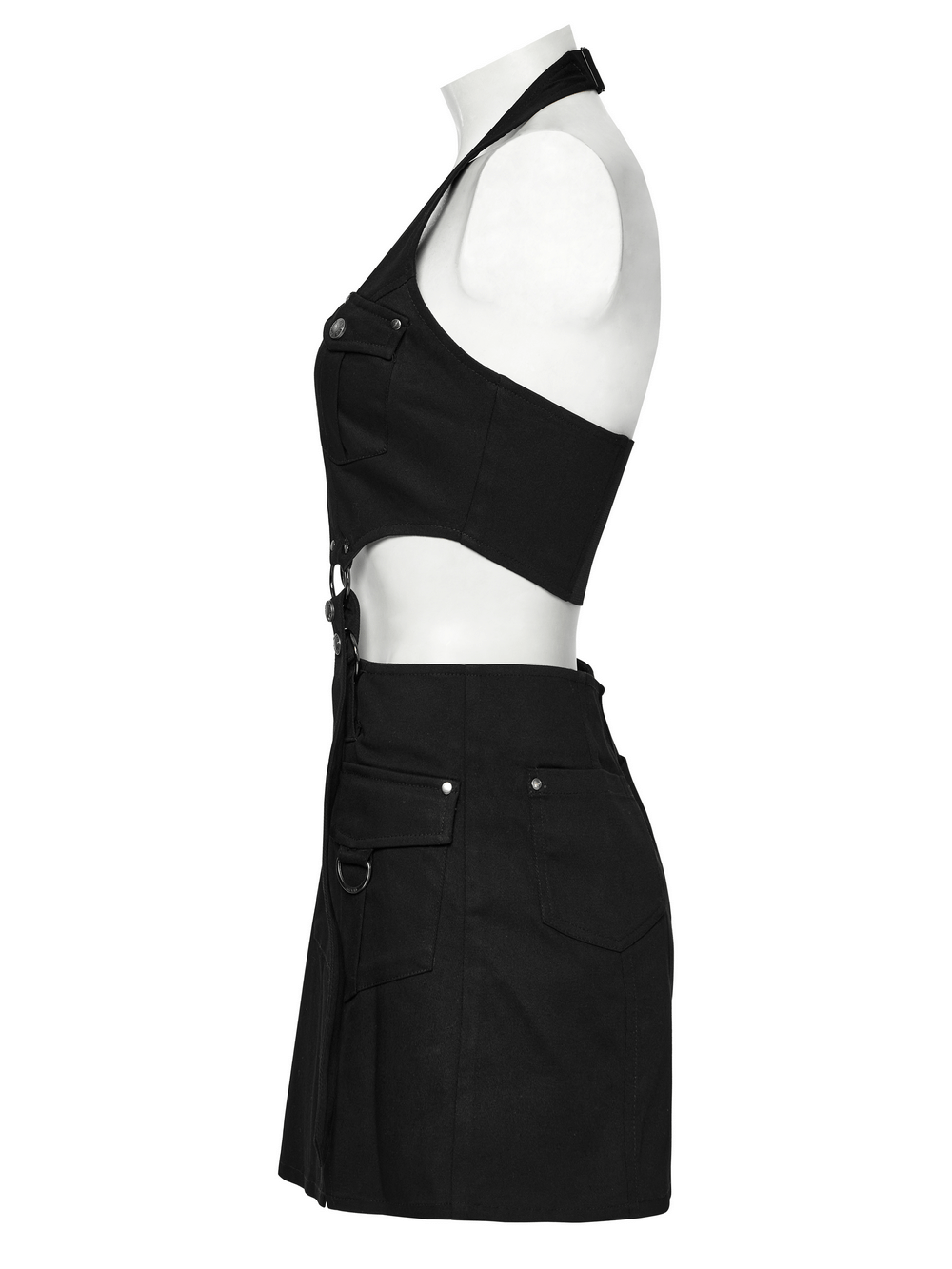 Black Twill Punk Harness Dress with Zipper and Straps