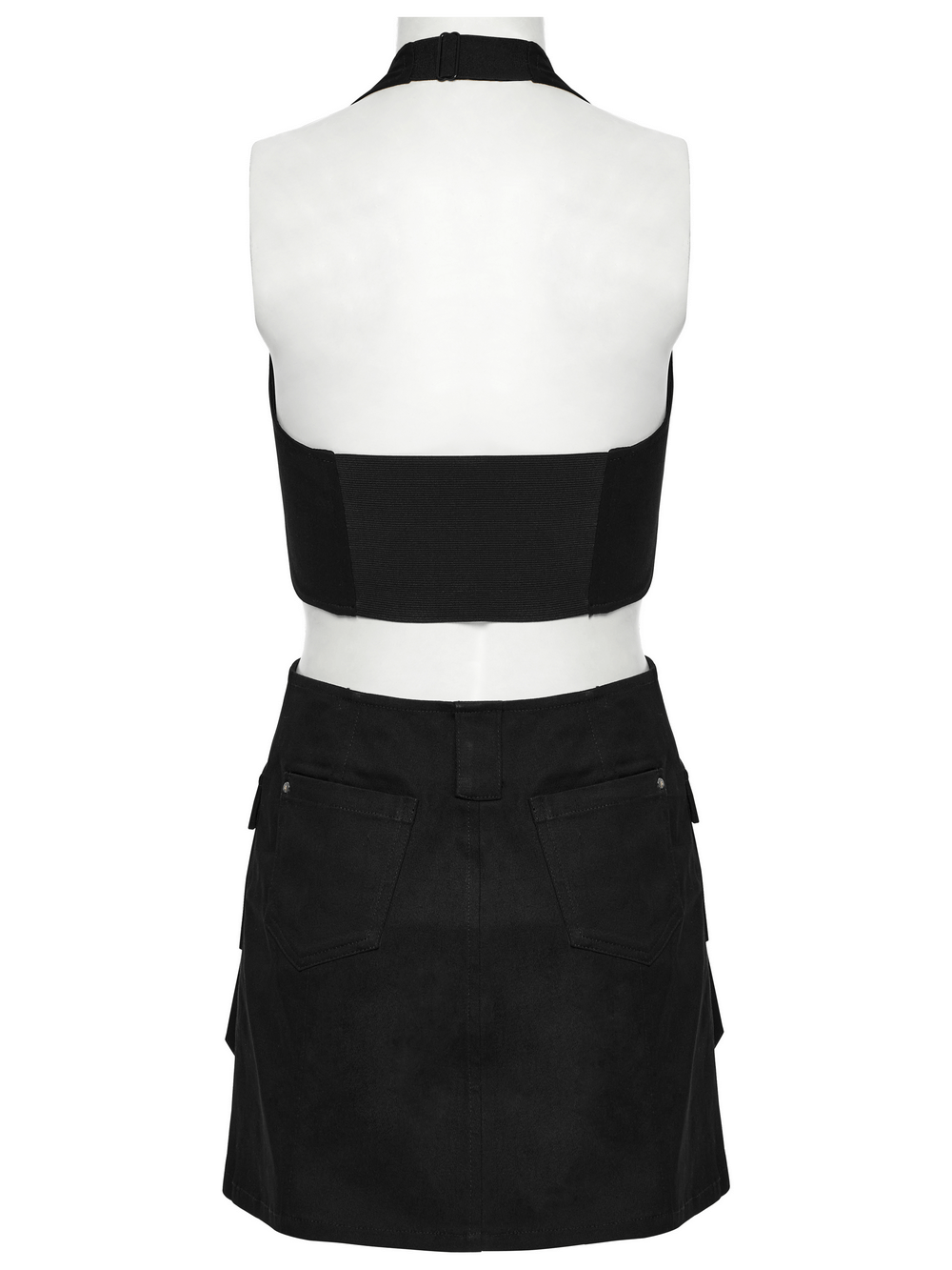 Black Twill Punk Harness Dress with Zipper and Straps