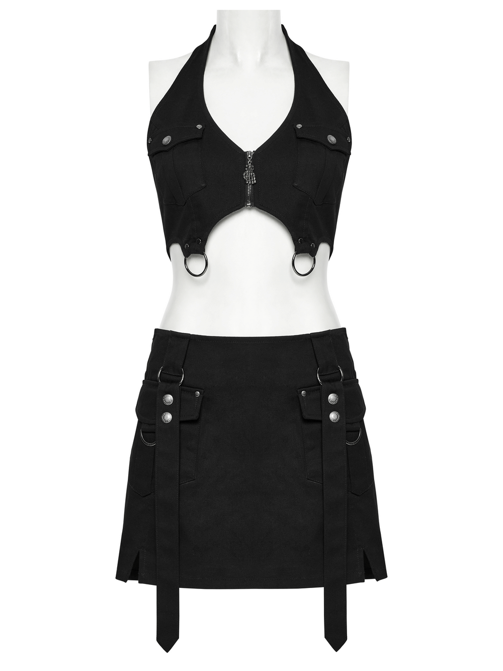 Black Twill Punk Harness Dress with Zipper and Straps