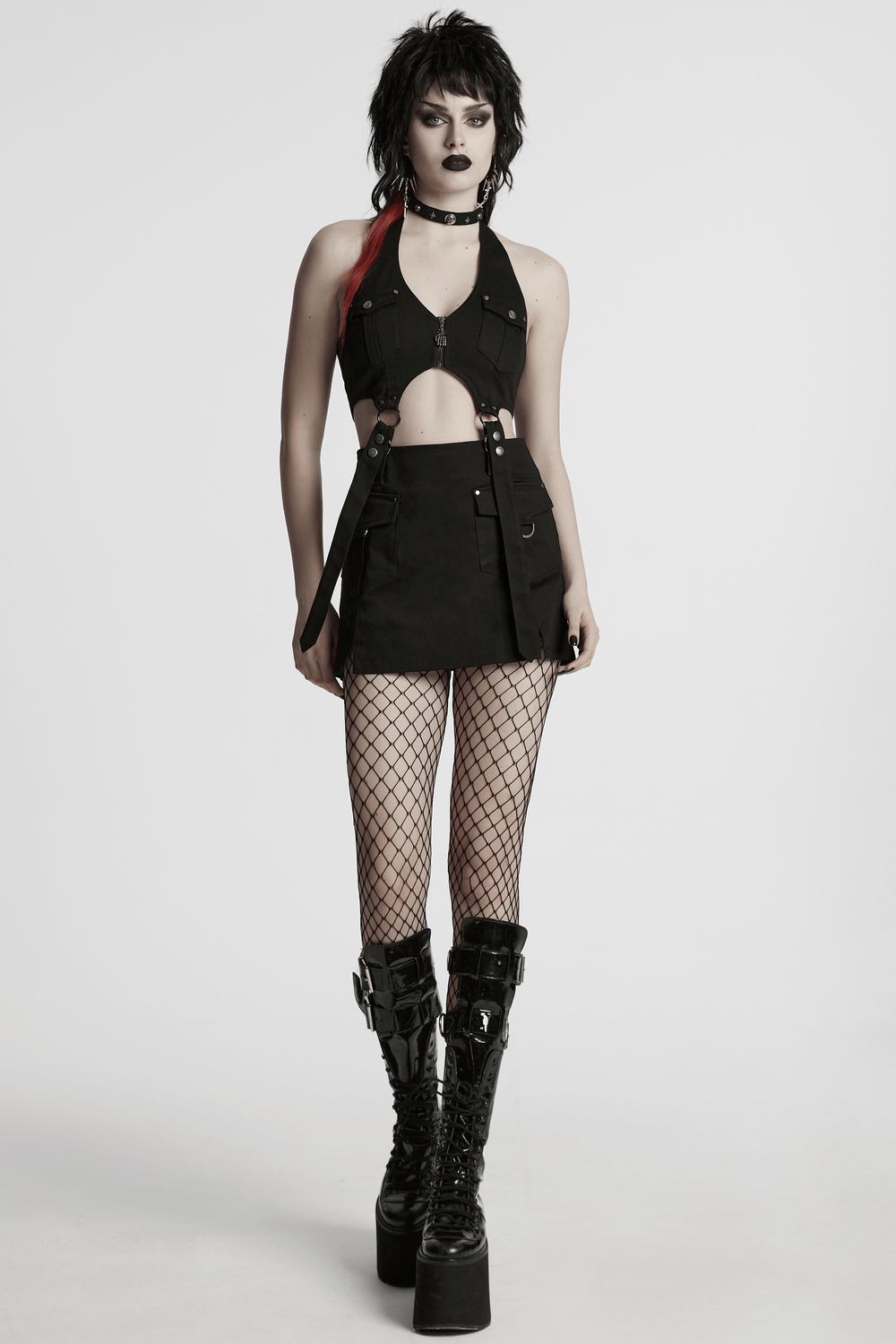 Black Twill Punk Harness Dress with Zipper and Straps