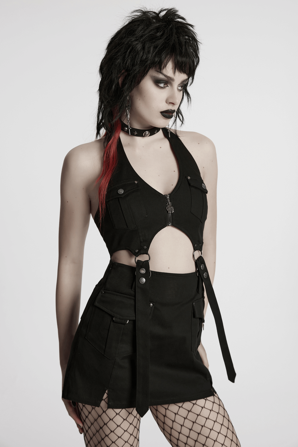 Black Twill Punk Harness Dress with Zipper and Straps