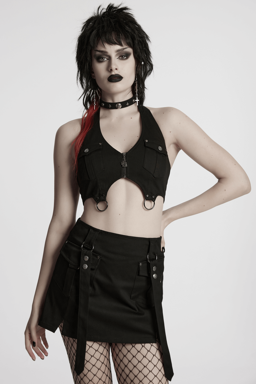Black Twill Punk Harness Dress with Zipper and Straps