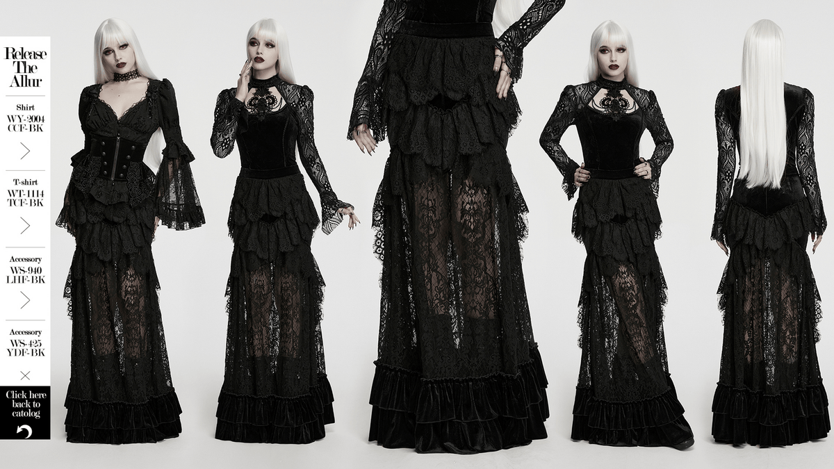 Black Velvet Gothic Layered Lace Skirt with Ruffles