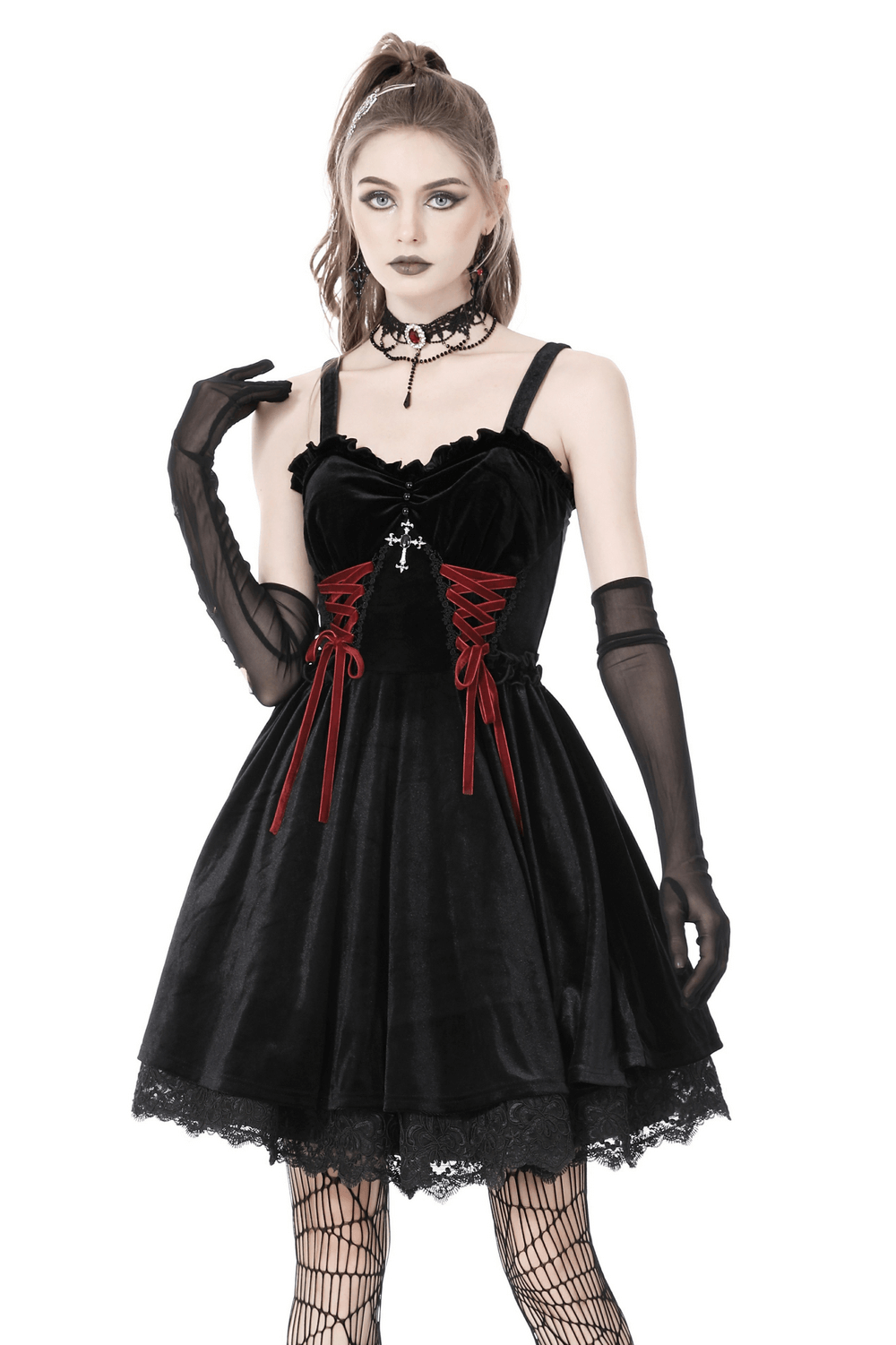 Black Velvet Gothic Mini Dress with Cross Detail