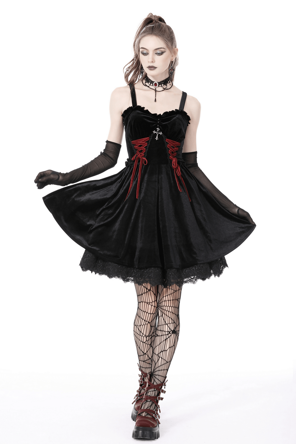 Black Velvet Gothic Mini Dress with Cross Detail