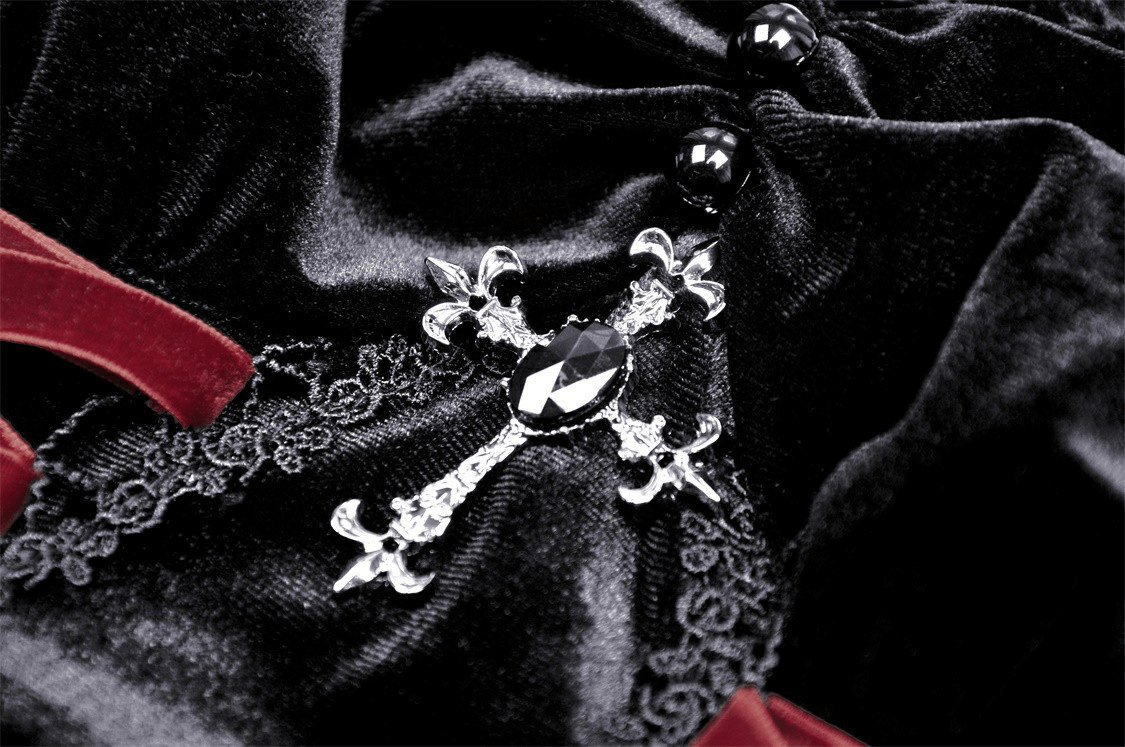Black Velvet Gothic Mini Dress with Cross Detail