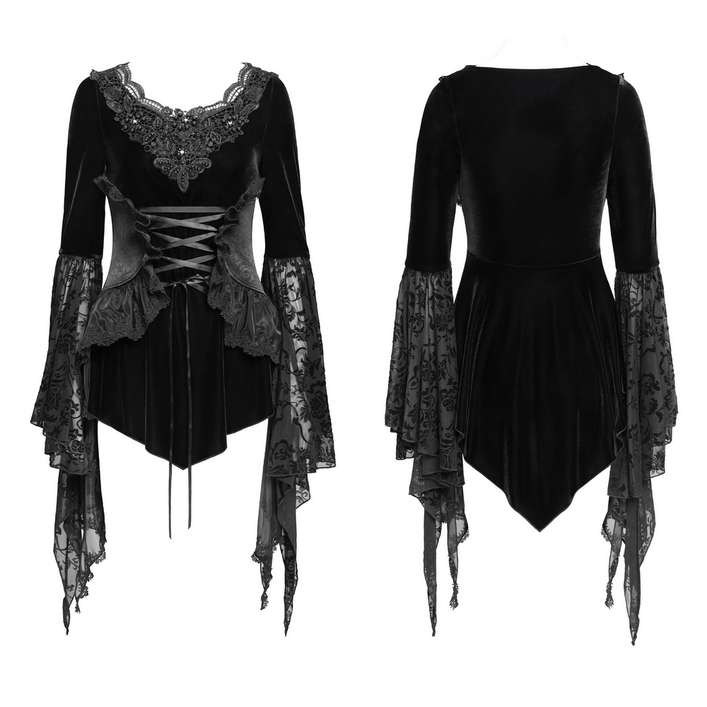 Black Velvet Gothic Top with Corset Front and Lace Sleeves