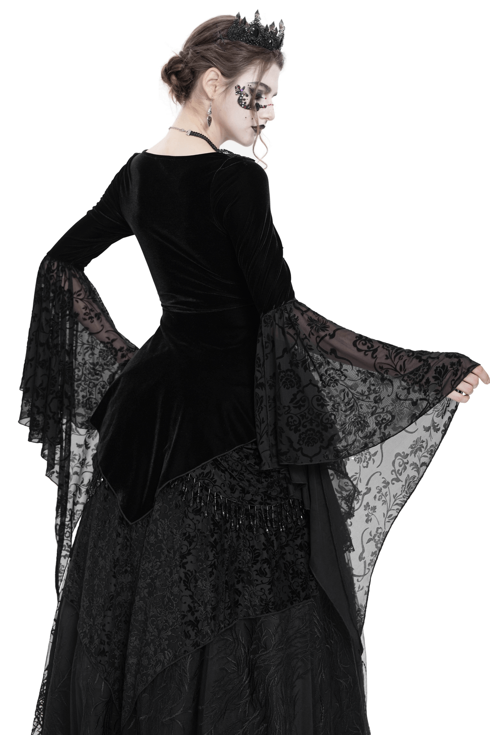 Black Velvet Gothic Top with Corset Front and Lace Sleeves