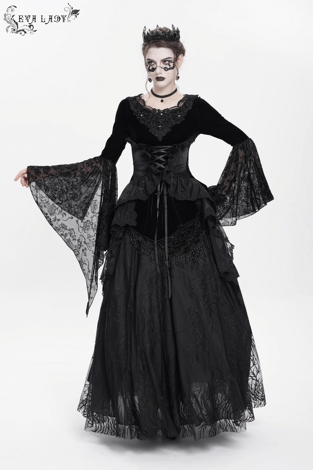Black Velvet Gothic Top with Corset Front and Lace Sleeves