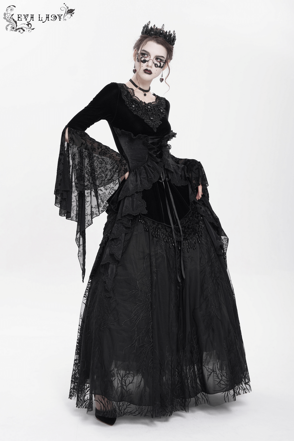 Black Velvet Gothic Top with Corset Front and Lace Sleeves