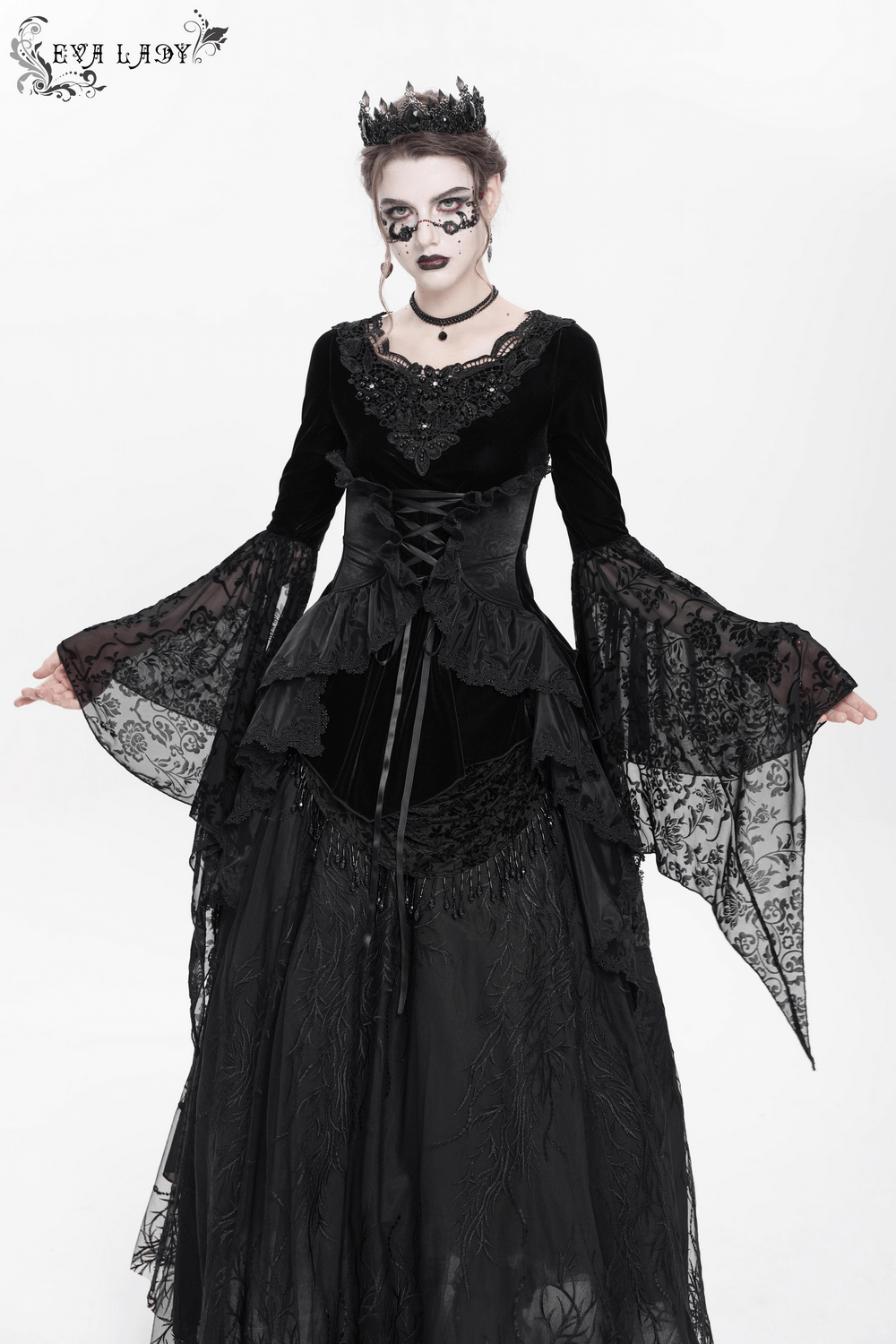 Black Velvet Gothic Top with Corset Front and Lace Sleeves