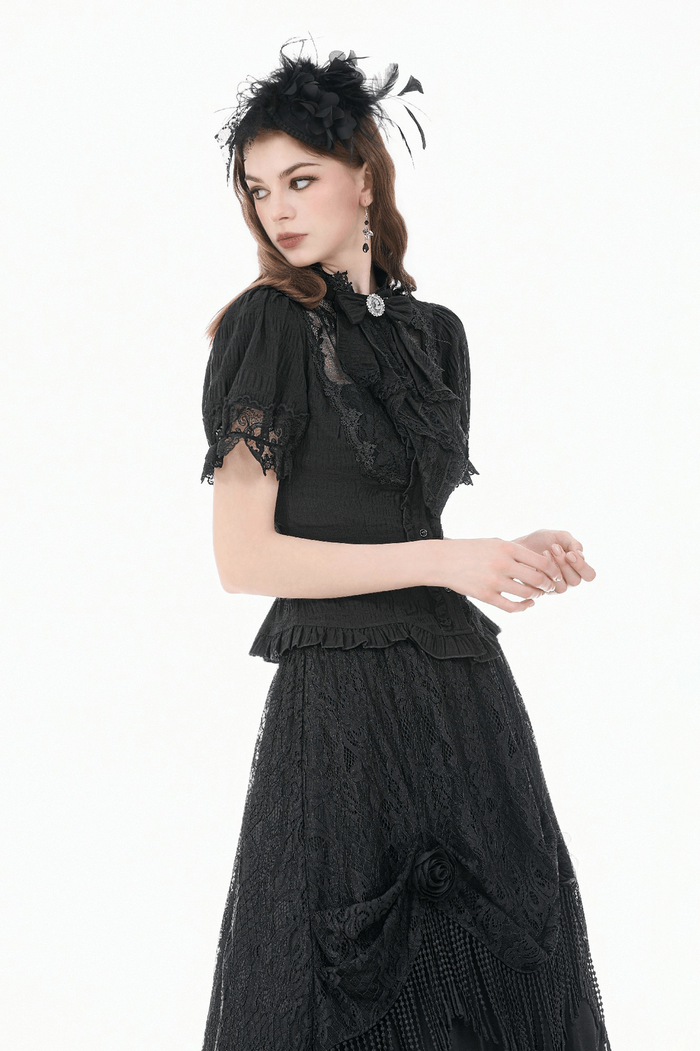 Black Victorian Gothic Blouse with Lace Sleeves