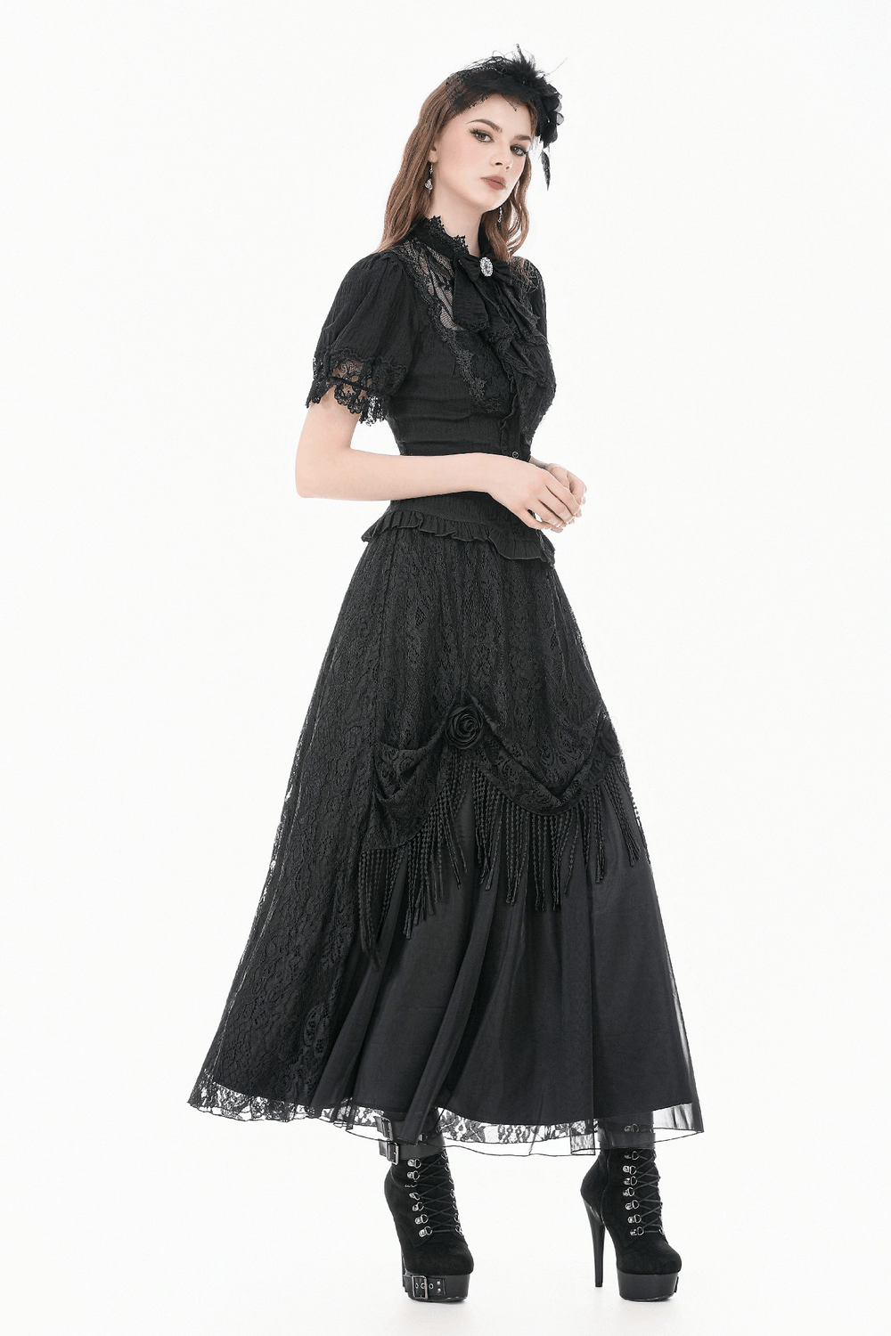 Black Victorian Gothic Blouse with Lace Sleeves