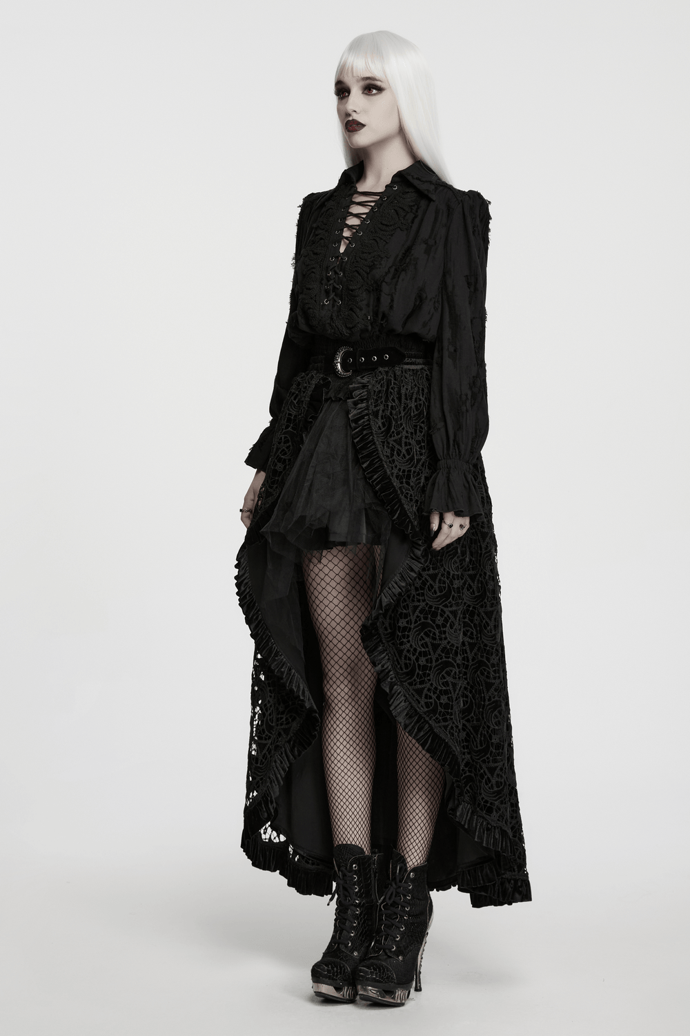 Black Victorian Gothic Ruffle Lace-Up Women's Shirt