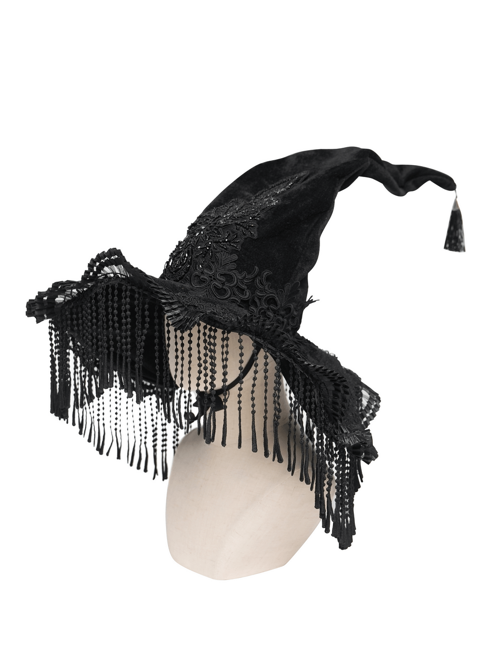 Black Witch Hat with Lace Fringe and Feather Detail