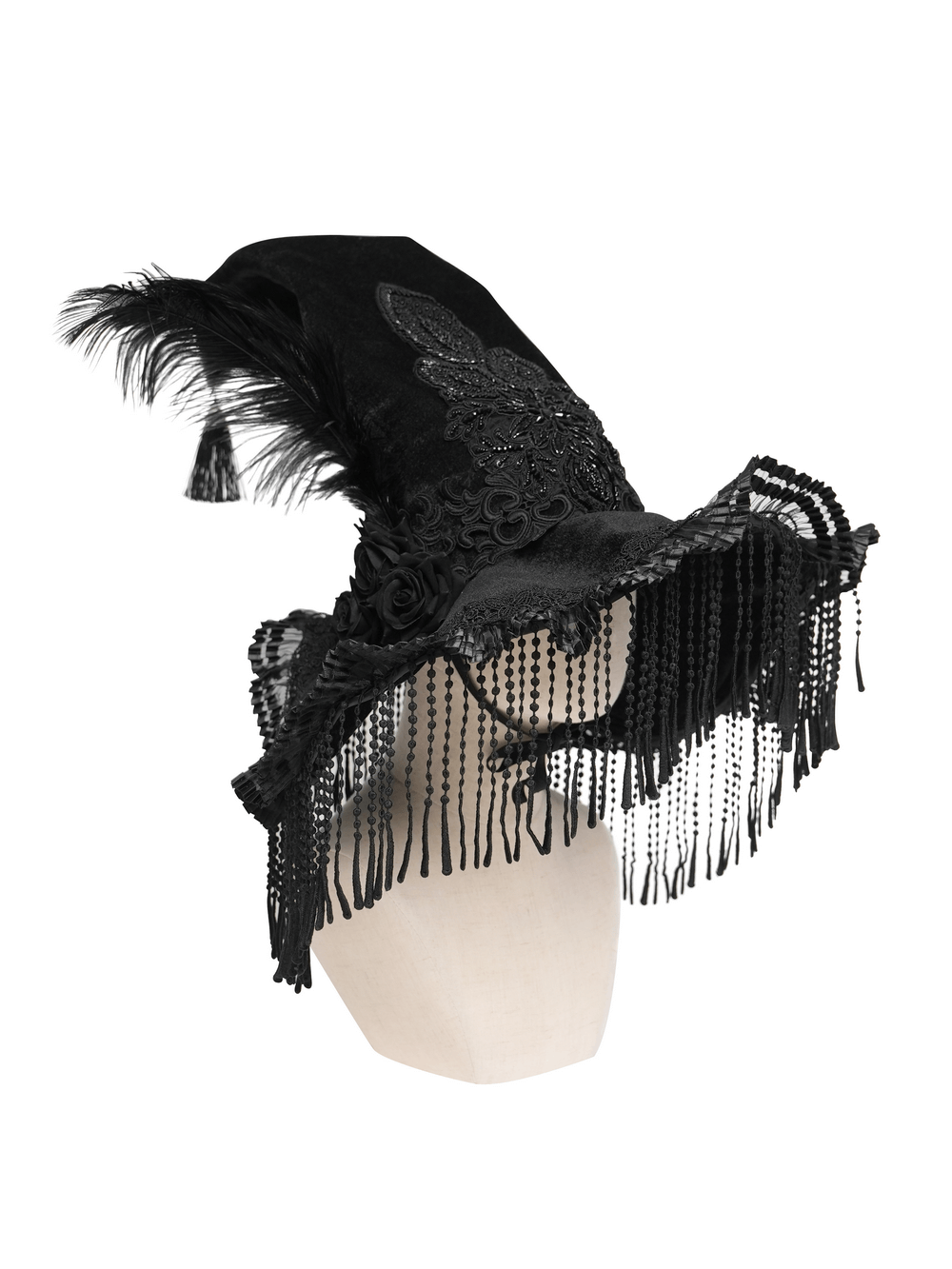 Black Witch Hat with Lace Fringe and Feather Detail