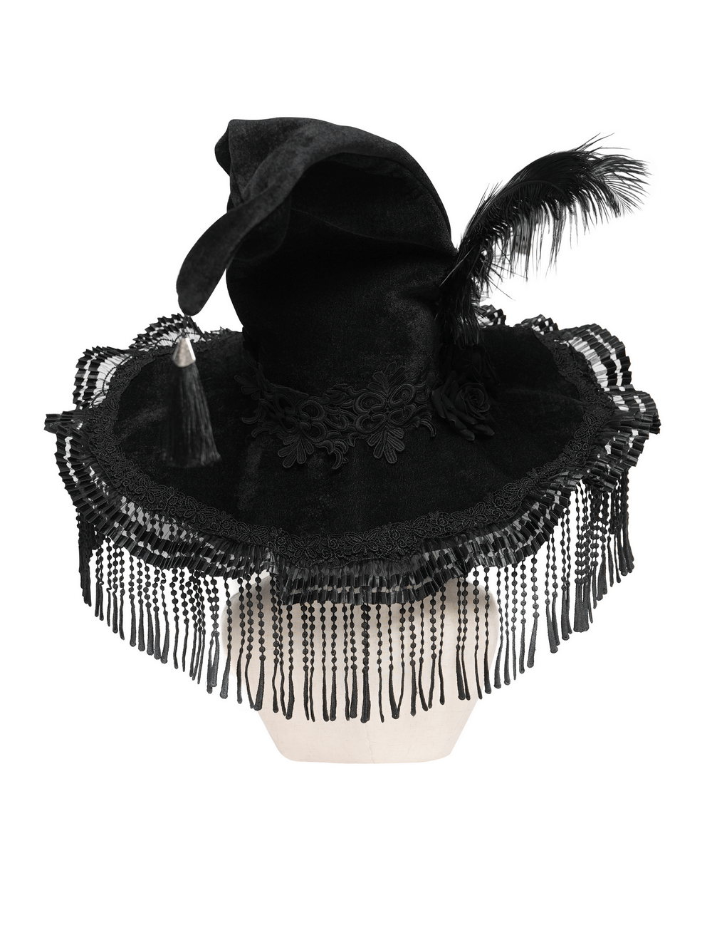 Black Witch Hat with Lace Fringe and Feather Detail