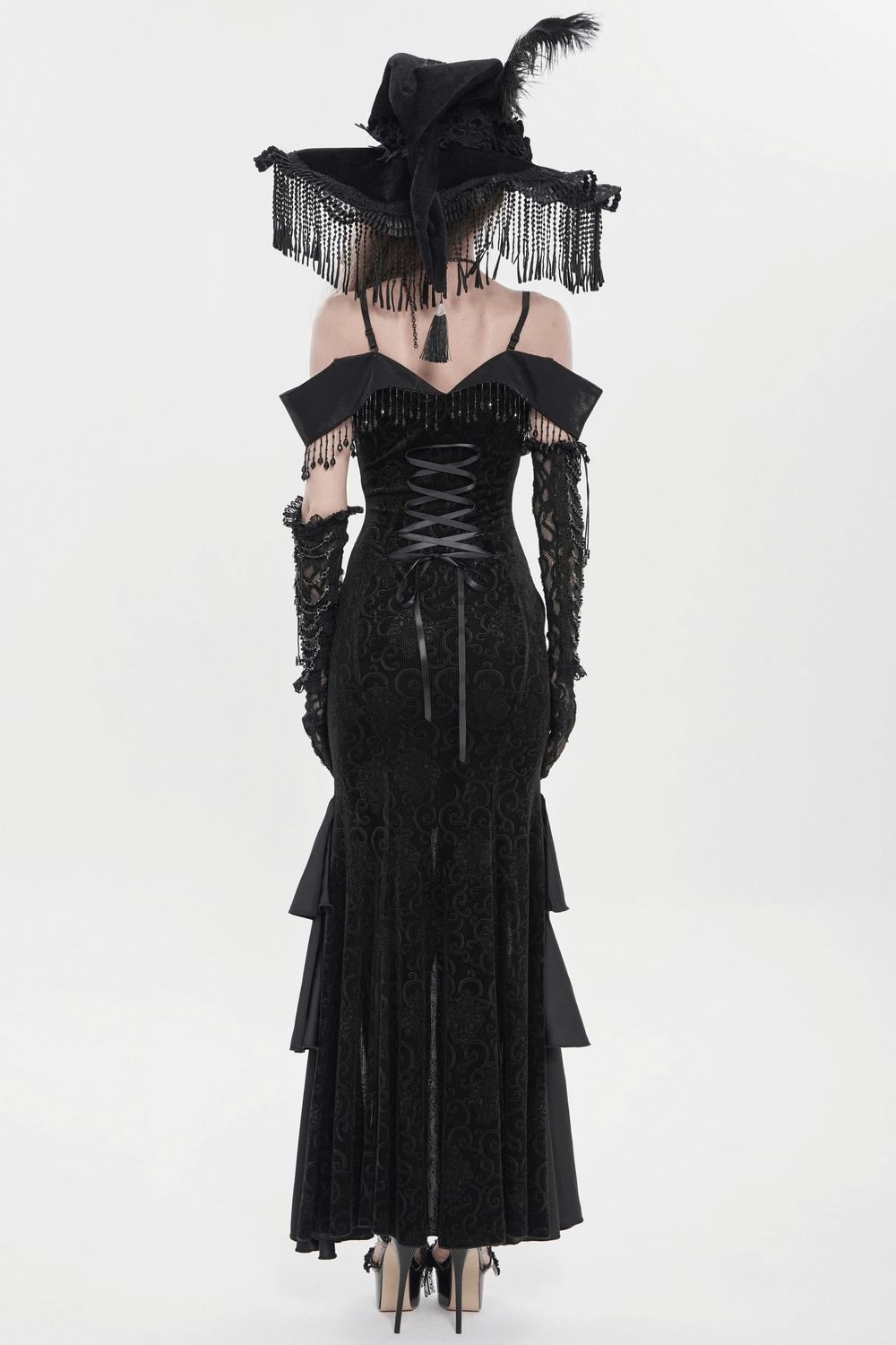Black Witch Hat with Lace Fringe and Feather Detail