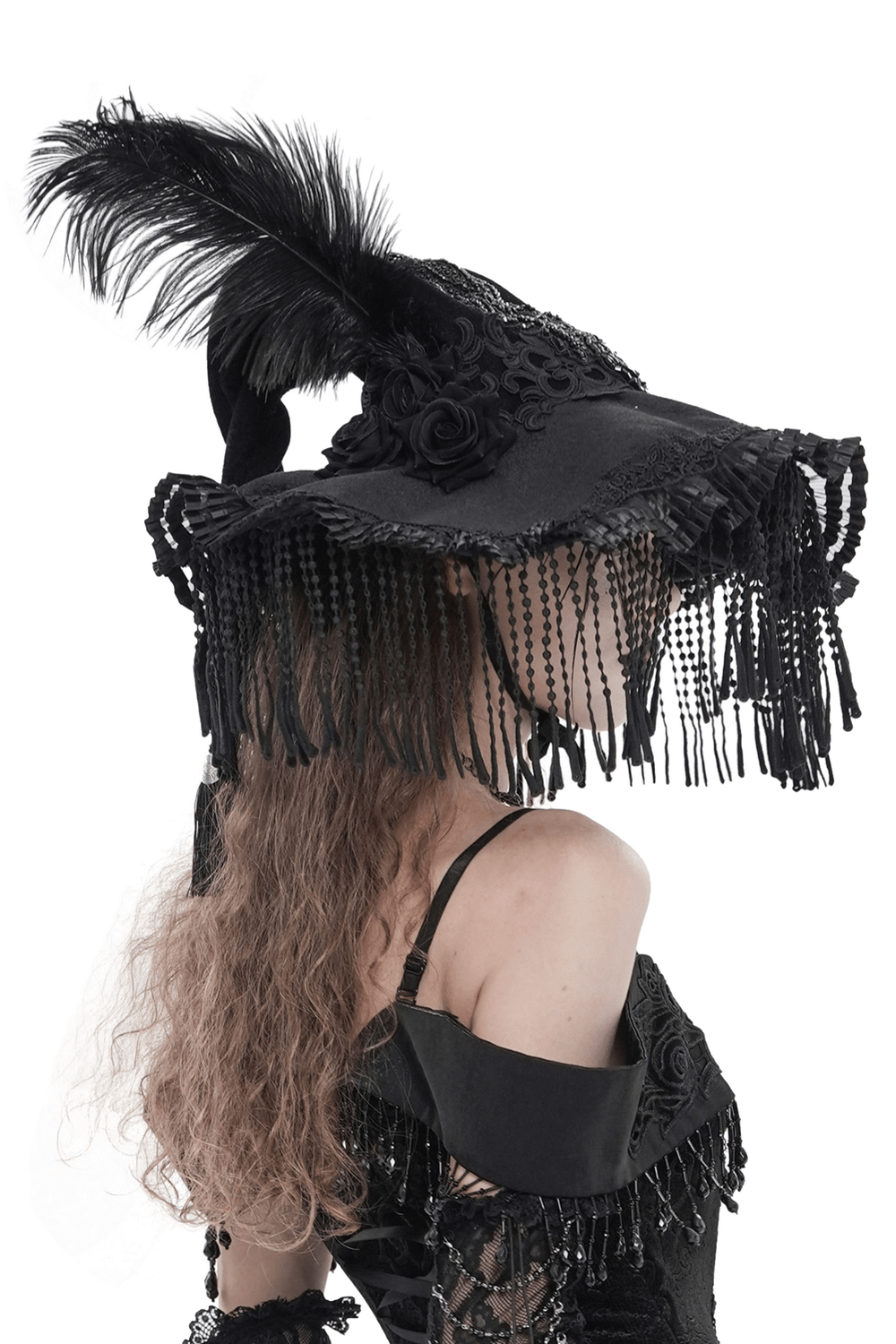 Black Witch Hat with Lace Fringe and Feather Detail