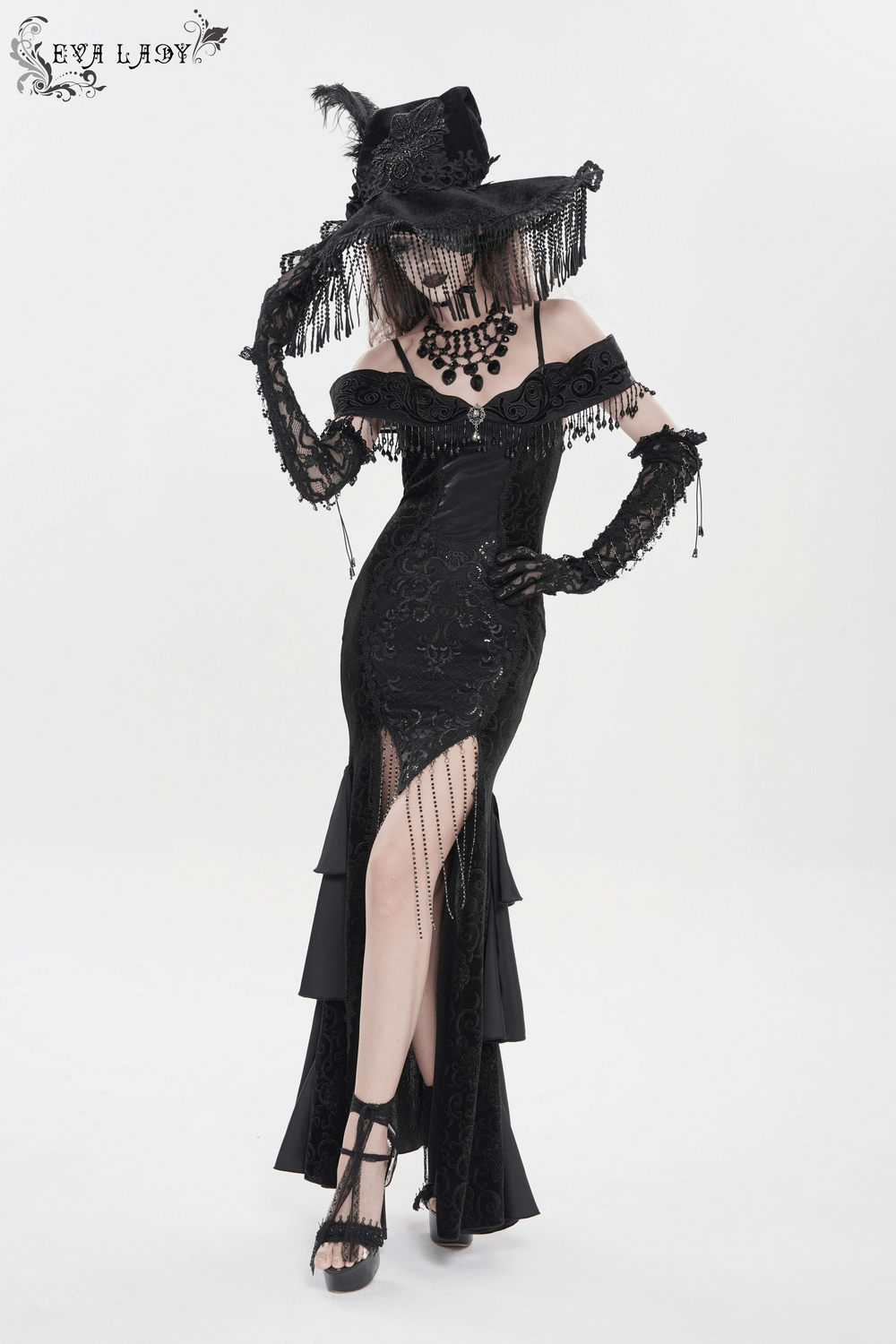 Black Witch Hat with Lace Fringe and Feather Detail