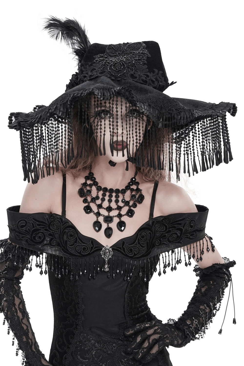 Black Witch Hat with Lace Fringe and Feather Detail