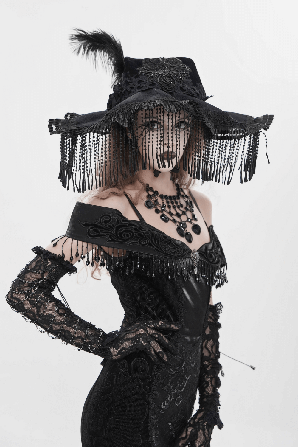 Black Witch Hat with Lace Fringe and Feather Detail