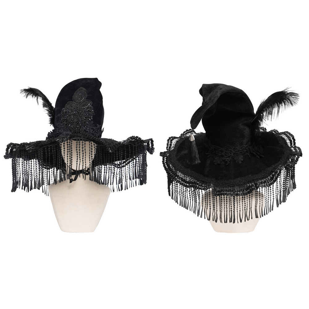 Black Witch Hat with Lace Fringe and Feather Detail