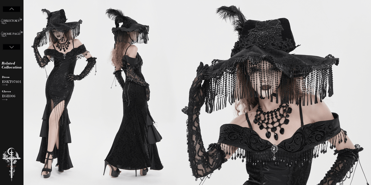 Black Witch Hat with Lace Fringe and Feather Detail