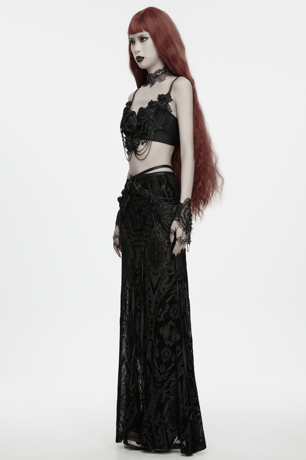 Bloody Rose Goth Lace Chain Bralet with Floral Detail