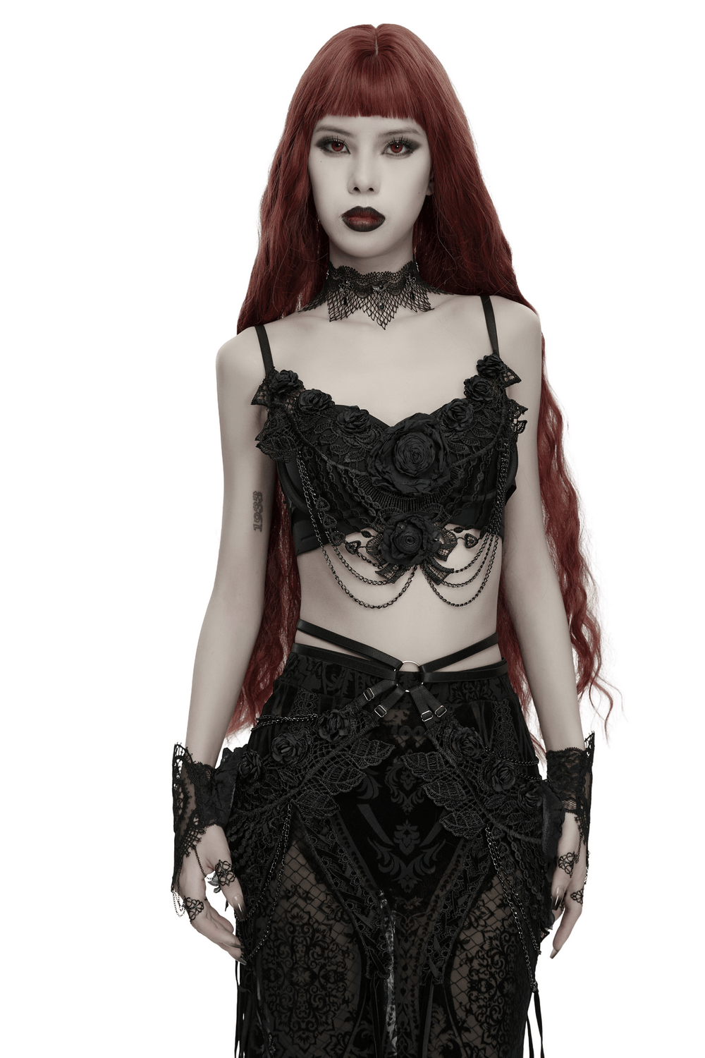 Bloody Rose Goth Lace Chain Bralet with Floral Detail