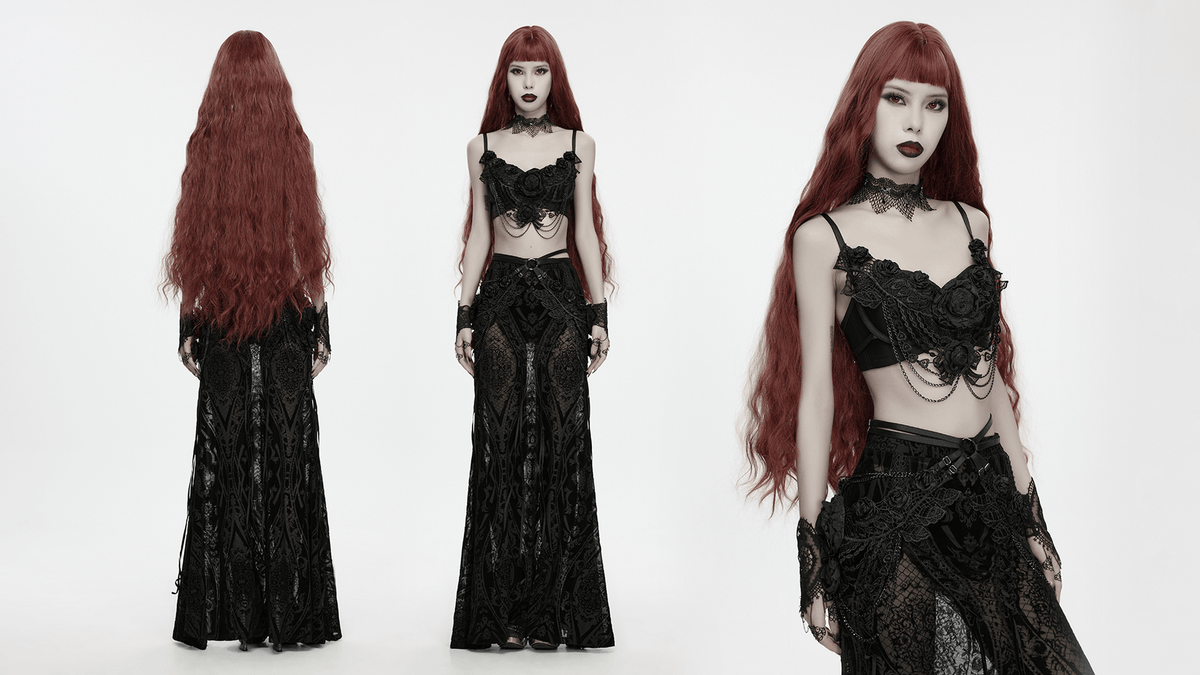 Bloody Rose Goth Lace Chain Bralet with Floral Detail