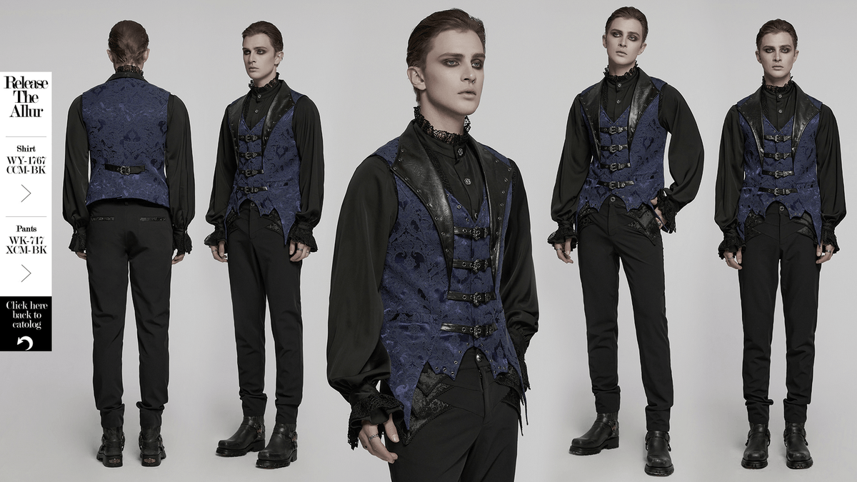 US SALE of Blue Gothic Brocade Waistcoat with Leather Lapel Buckles
