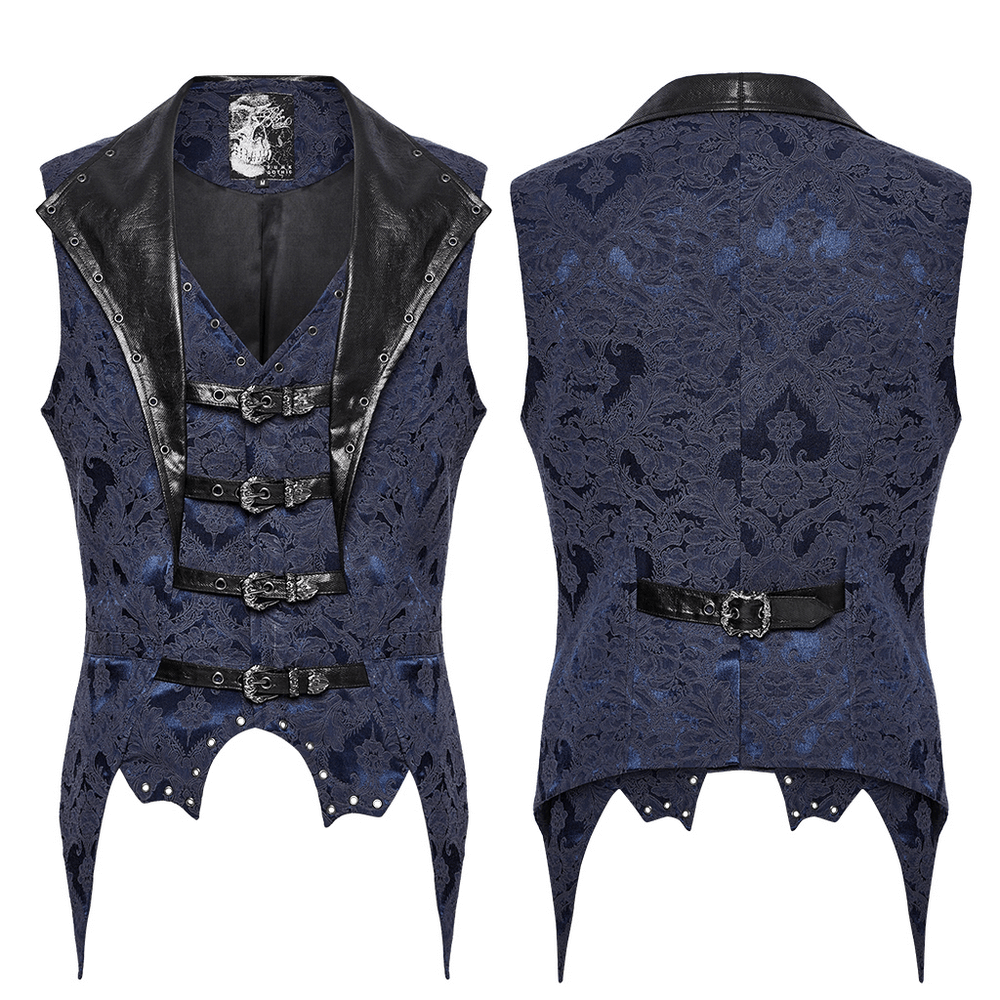 US SALE of Blue Gothic Brocade Waistcoat with Leather Lapel Buckles