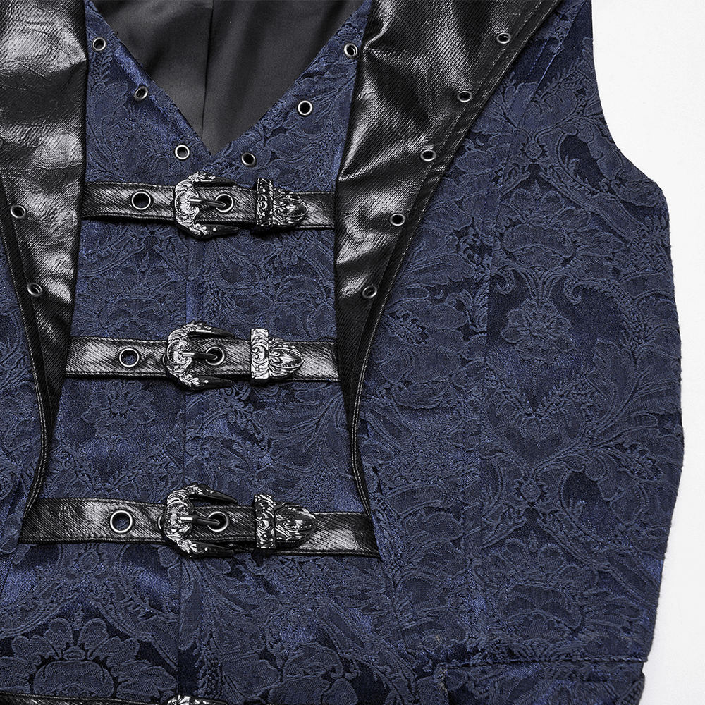 US SALE of Blue Gothic Brocade Waistcoat with Leather Lapel Buckles