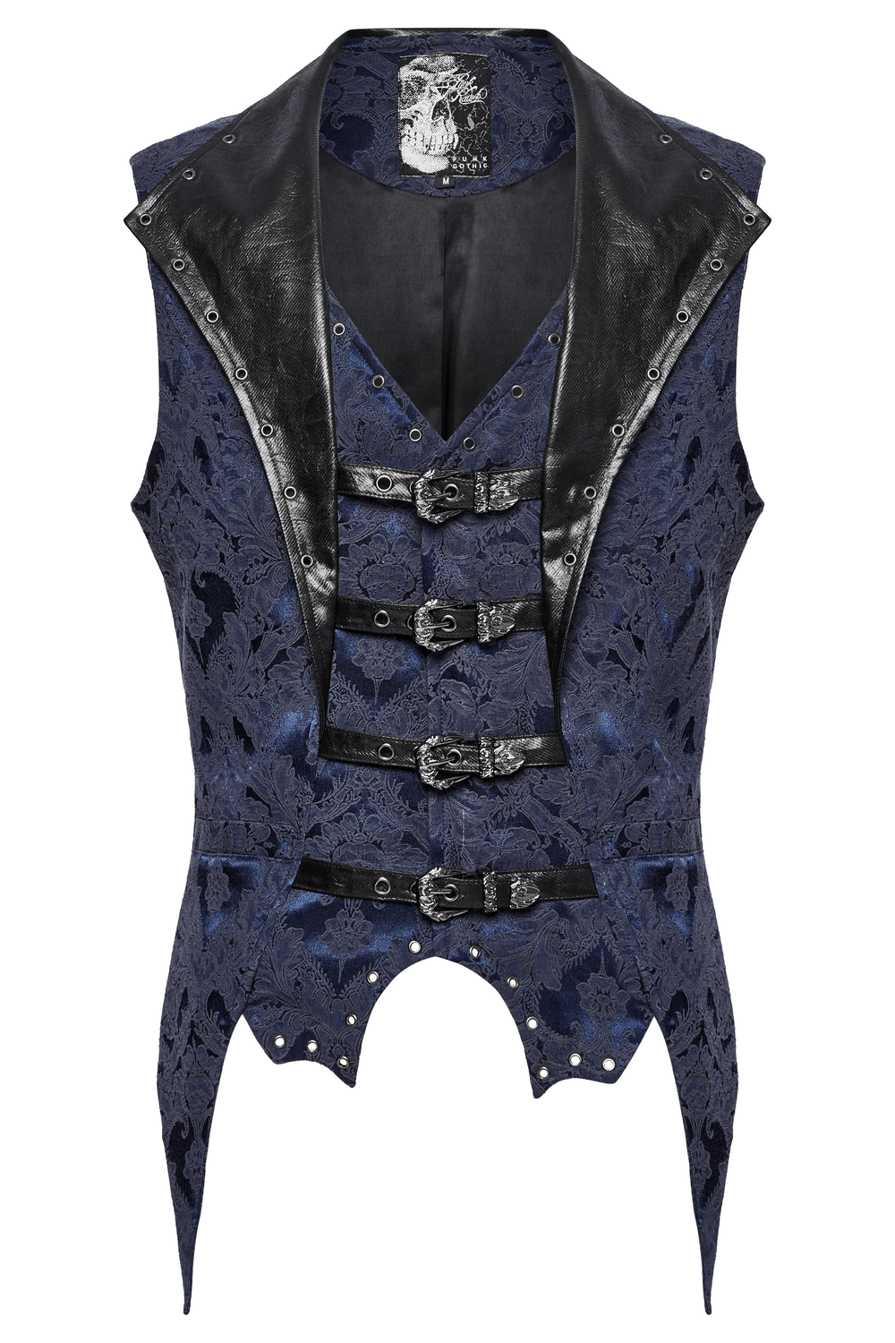 US SALE of Blue Gothic Brocade Waistcoat with Leather Lapel Buckles