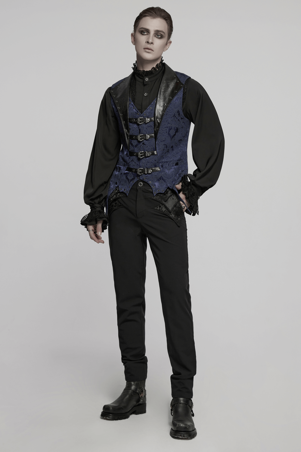 US SALE of Blue Gothic Brocade Waistcoat with Leather Lapel Buckles