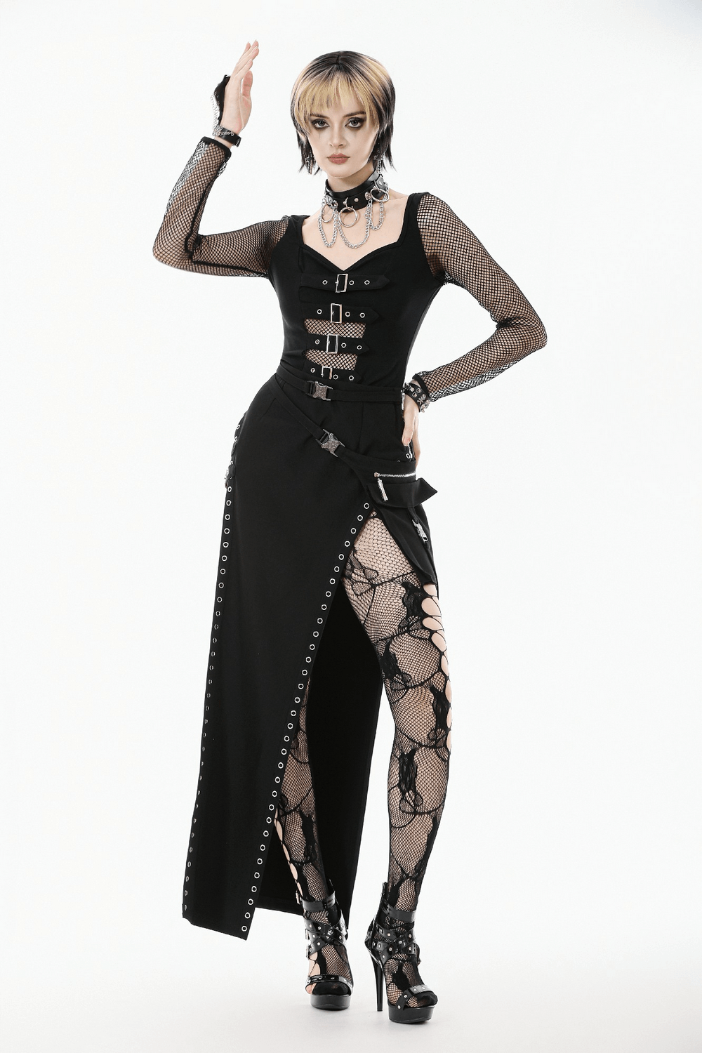 Bold Black Mesh Sleeved Top with Buckle Detailing