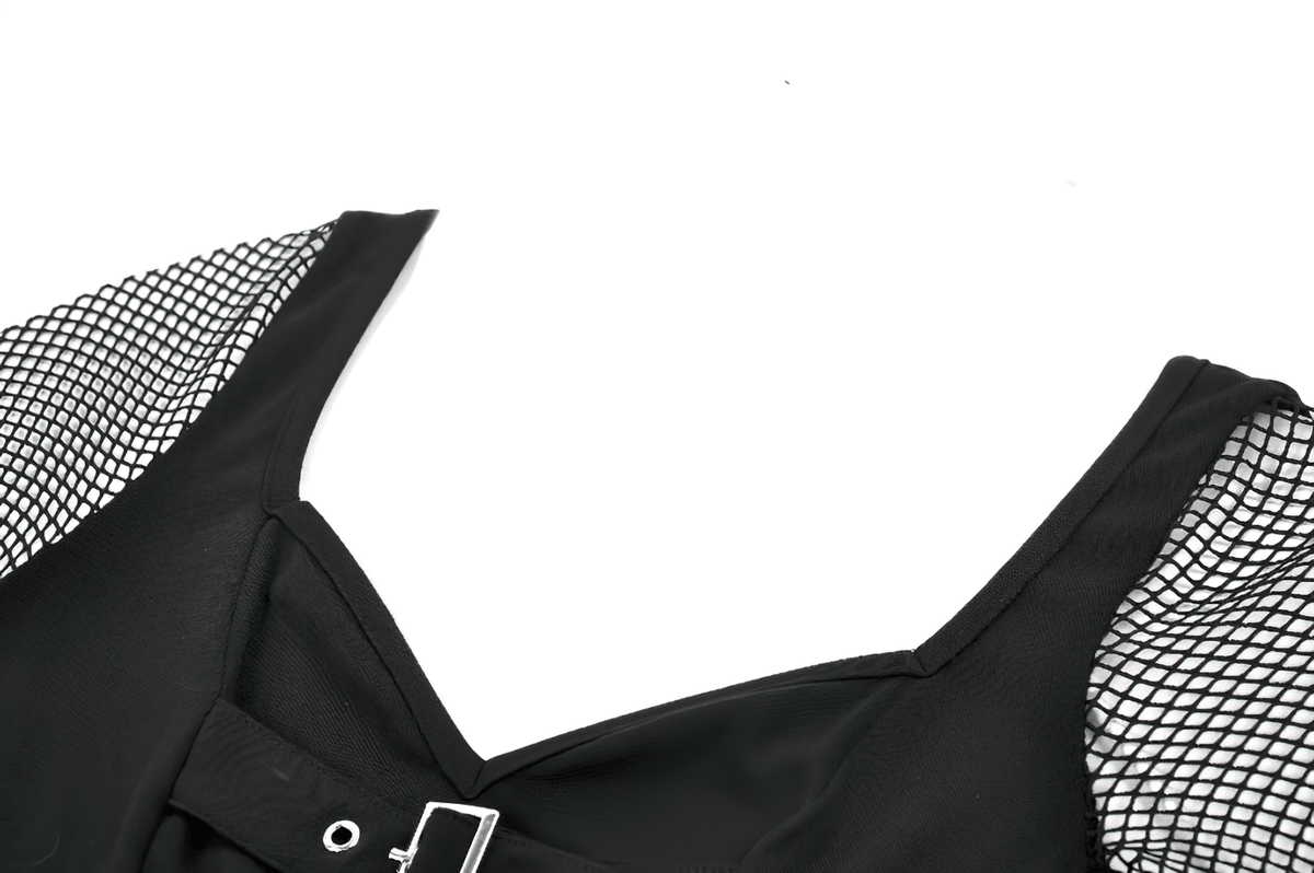Bold Black Mesh Sleeved Top with Buckle Detailing