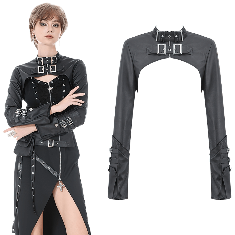Bold Cropped Cape with Buckles and Long Sleeves