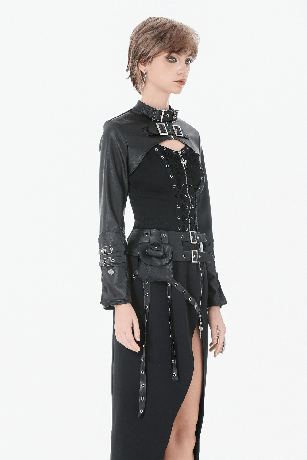 Bold Cropped Cape with Buckles and Long Sleeves