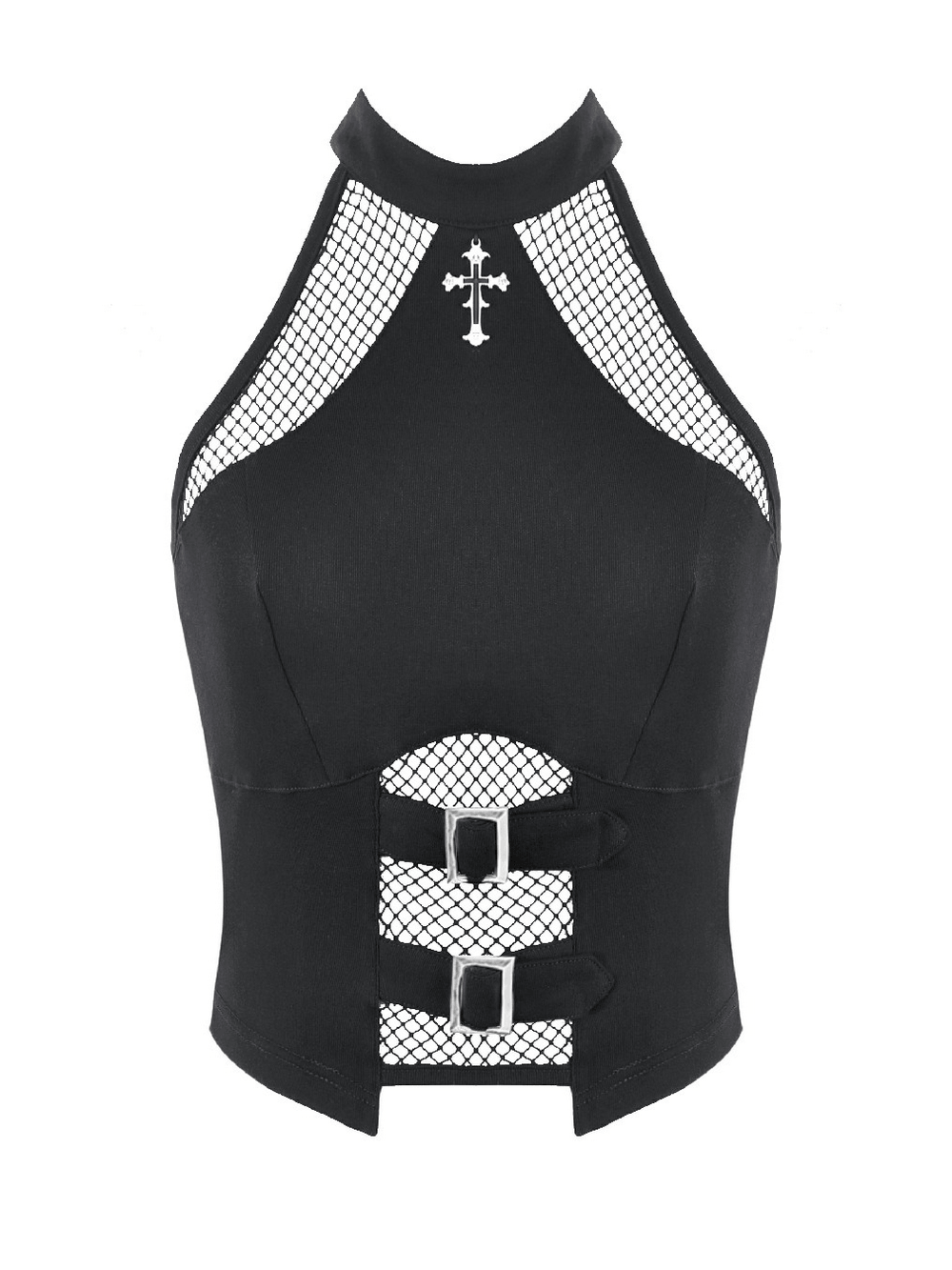 Bold Halter Crop Top with Fishnet Buckle Detail