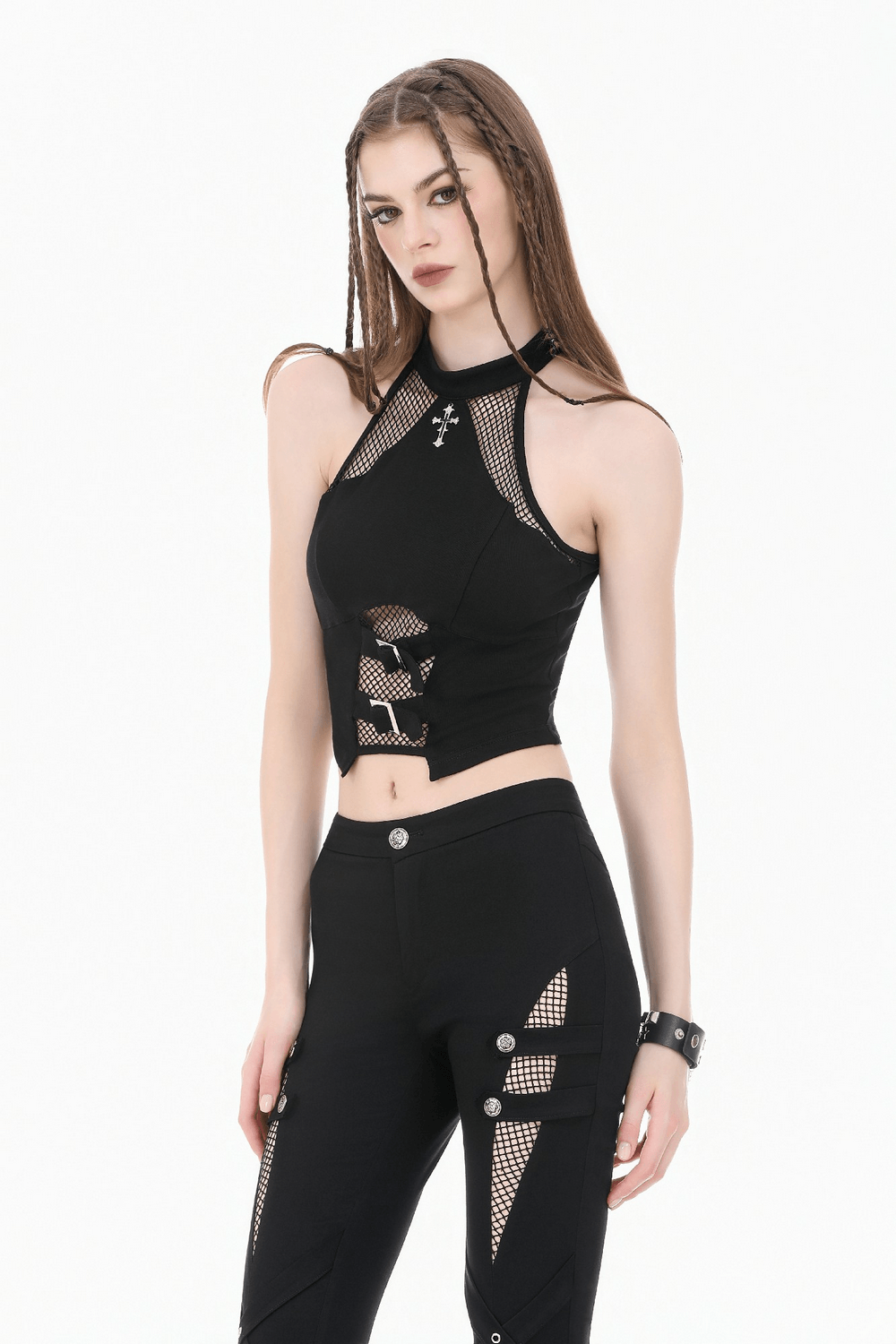 Bold Halter Crop Top with Fishnet Buckle Detail