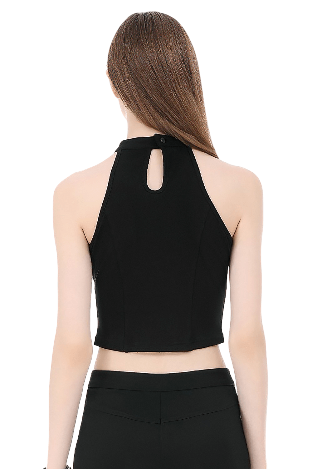 Bold Halter Crop Top with Fishnet Buckle Detail