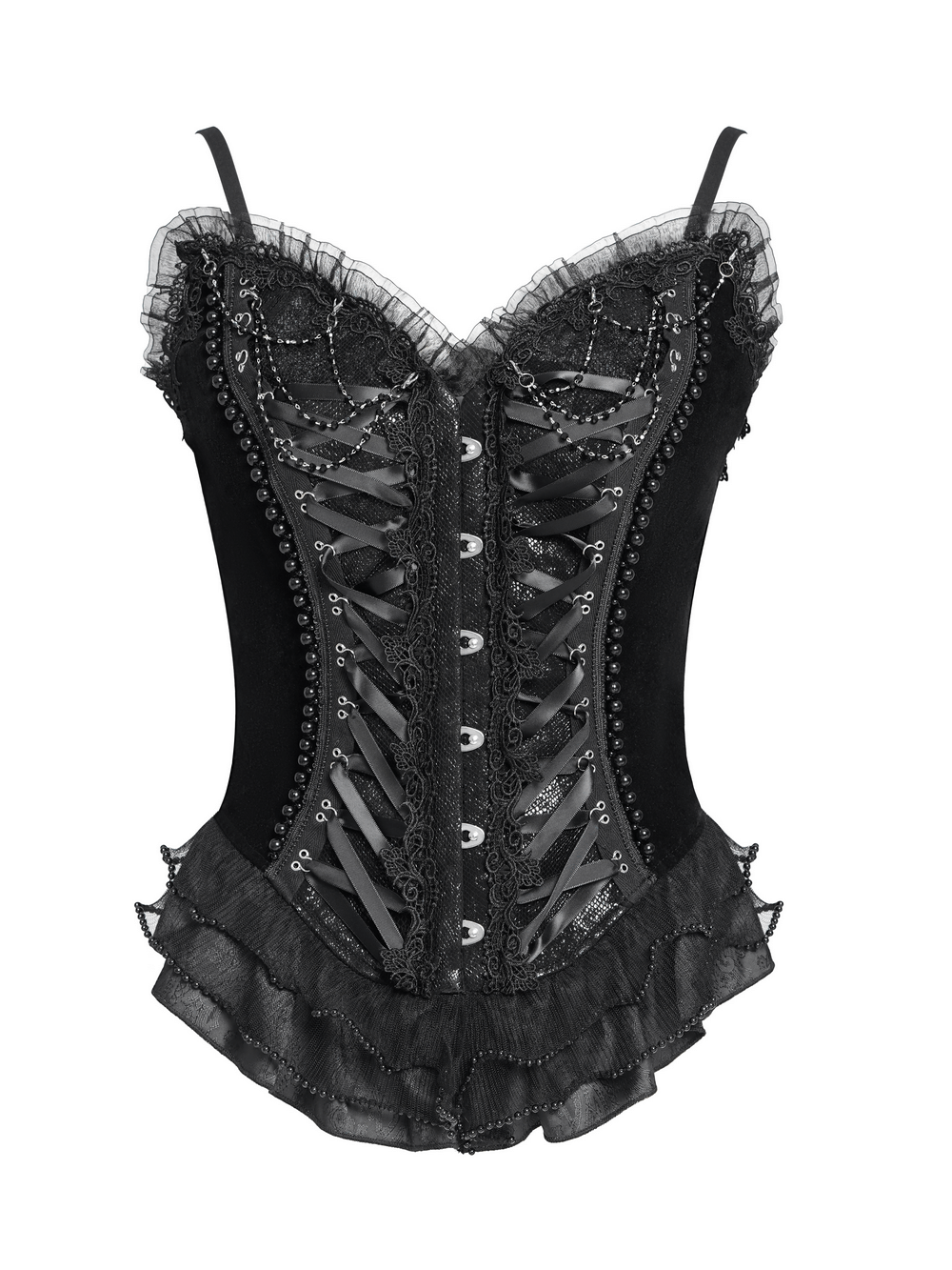 US SALE of Bold Lace-Up Corset with Ruffle Trim and Satin Straps