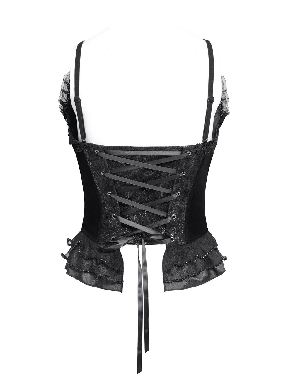 US SALE of Bold Lace-Up Corset with Ruffle Trim and Satin Straps