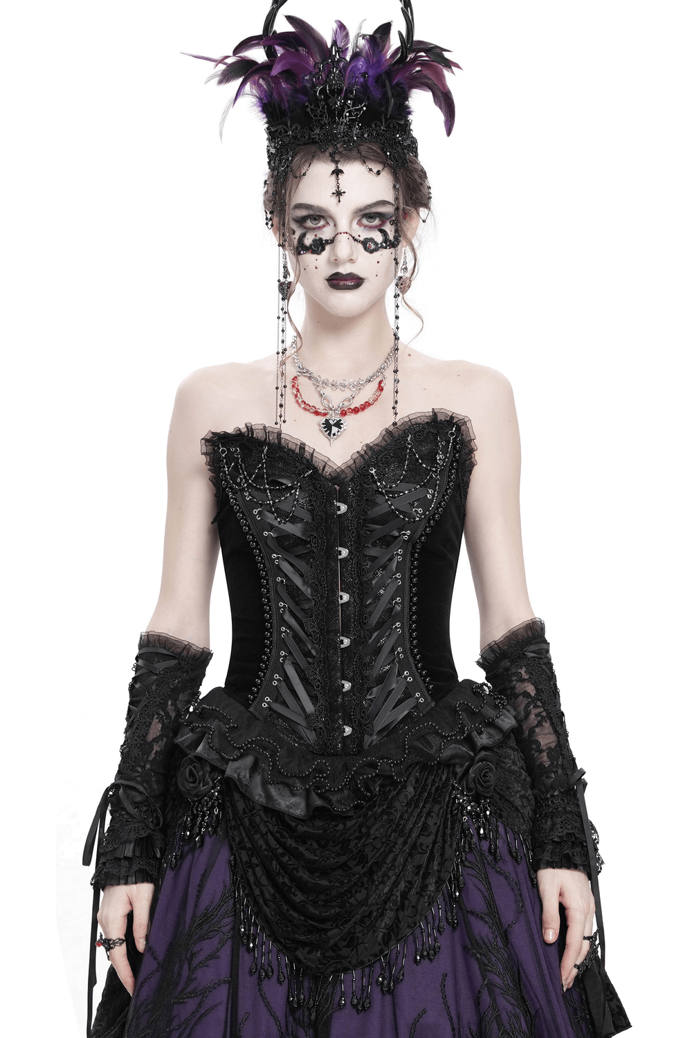 US SALE of Bold Lace-Up Corset with Ruffle Trim and Satin Straps