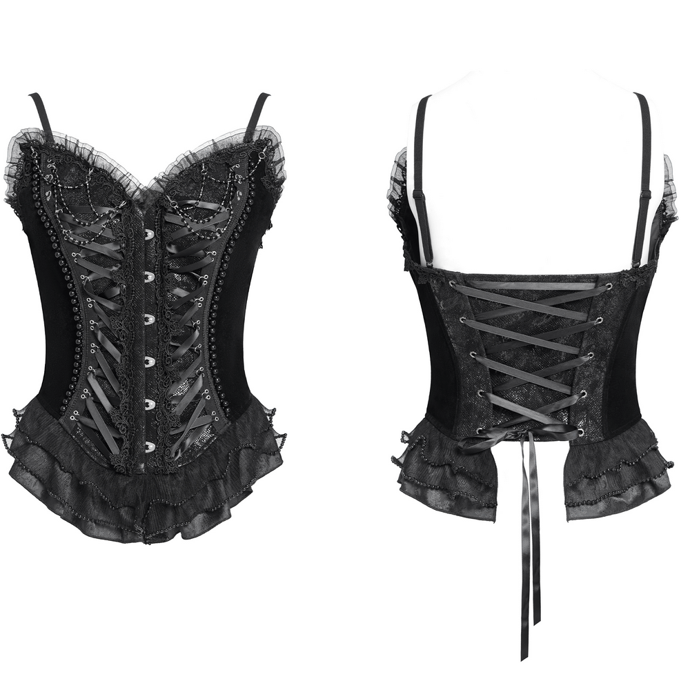 US SALE of Bold Lace-Up Corset with Ruffle Trim and Satin Straps