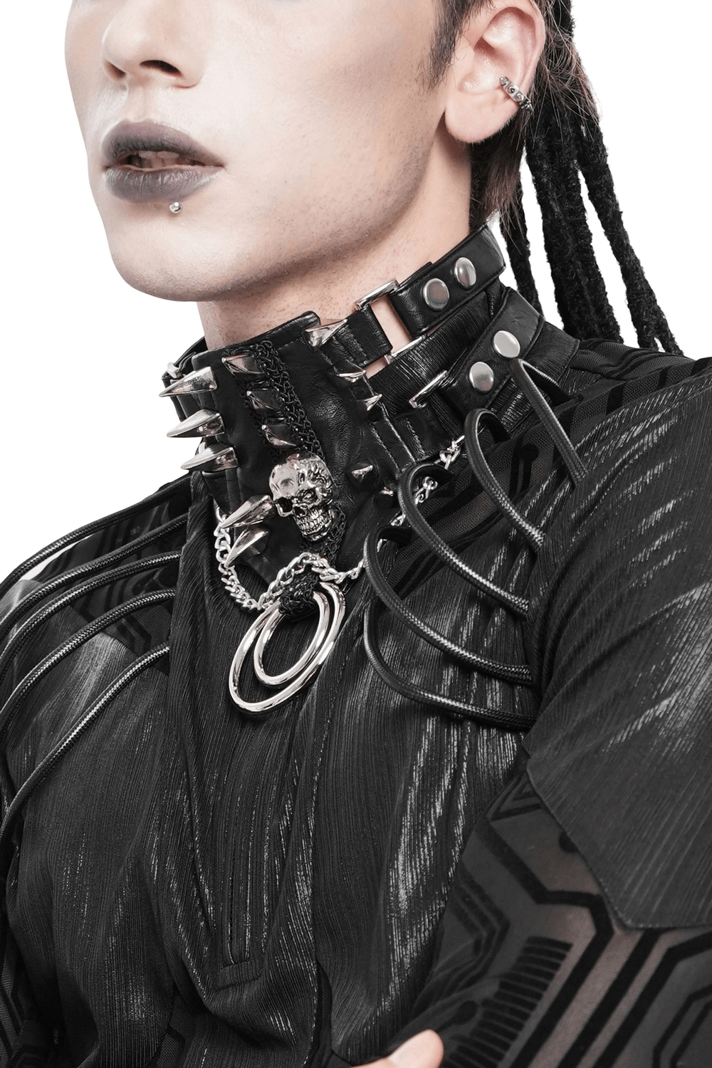 Bold Leather Choker with Spikes Accent and Metal Rings