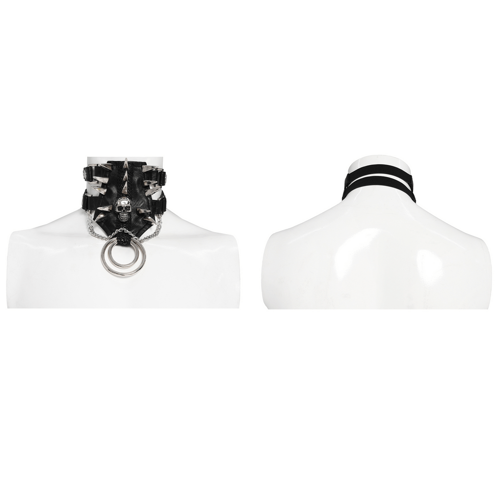 Bold Leather Choker with Spikes Accent and Metal Rings